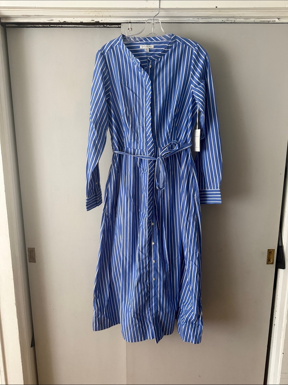 Blue Striped Long-Sleeve Shirt Dress with Tie Waist - Picture 6 of 6